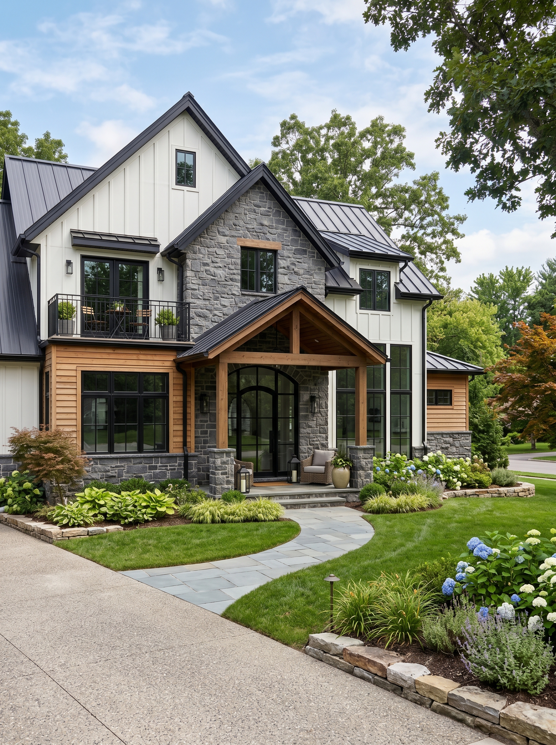 Craftsman bungalow exterior with deep covered porch, stone columns, and cedar shingle accents